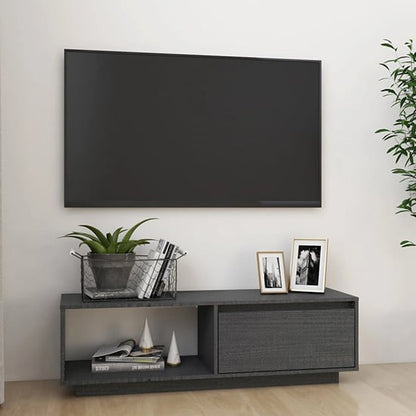 Grey Pinewood TV Stand with Door and Shelf for Living Room Storage