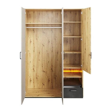 Quincy Kids Wooden Wardrobe With 3 Doors In Artisan Oak And LED