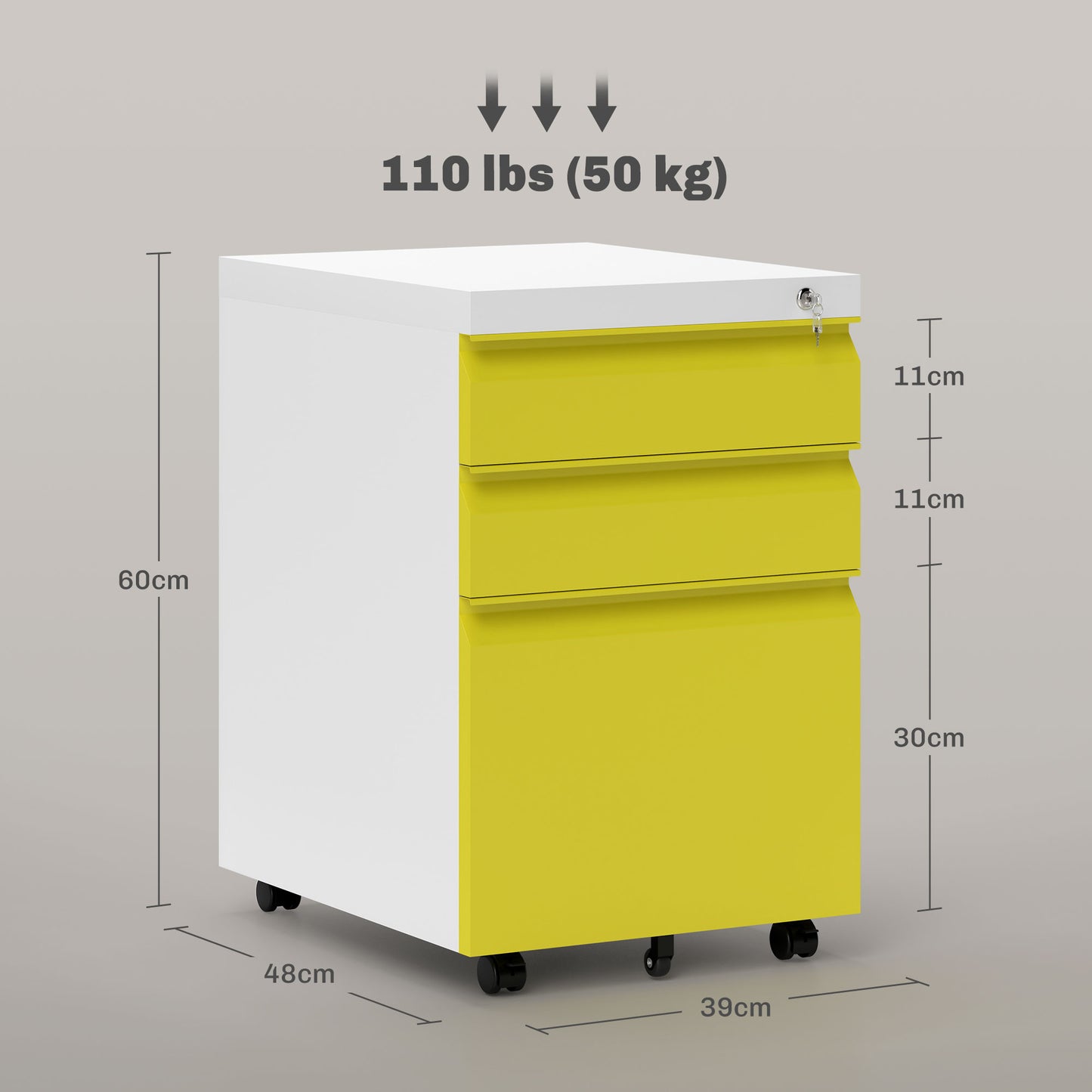 Vinsetto 3 Drawer Filling Cabinet, Mobile Metal File Cabinet with Anti-tilt Design for Letter, A4, Legal Size, Yellow