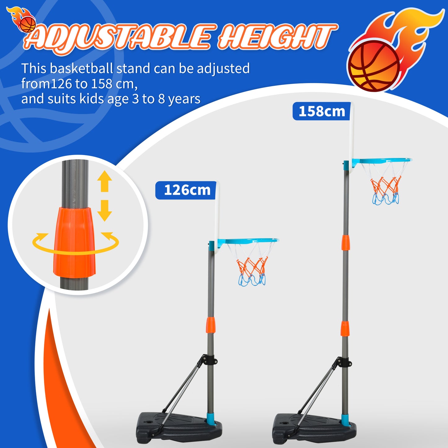 HOMCOM ids Basketball Hoop and Stand Portable Basketball Stand Set w/ Ball Pump Netting Backboard Adjustable Height from 126 cm to 158 cm