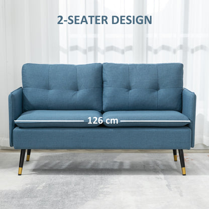 HOMCOM Modern 2 Seater Sofa, Button Tufted Loveseat with Cushions and Steel Legs for Living Room, Guest Room, Dark Blue Fabric