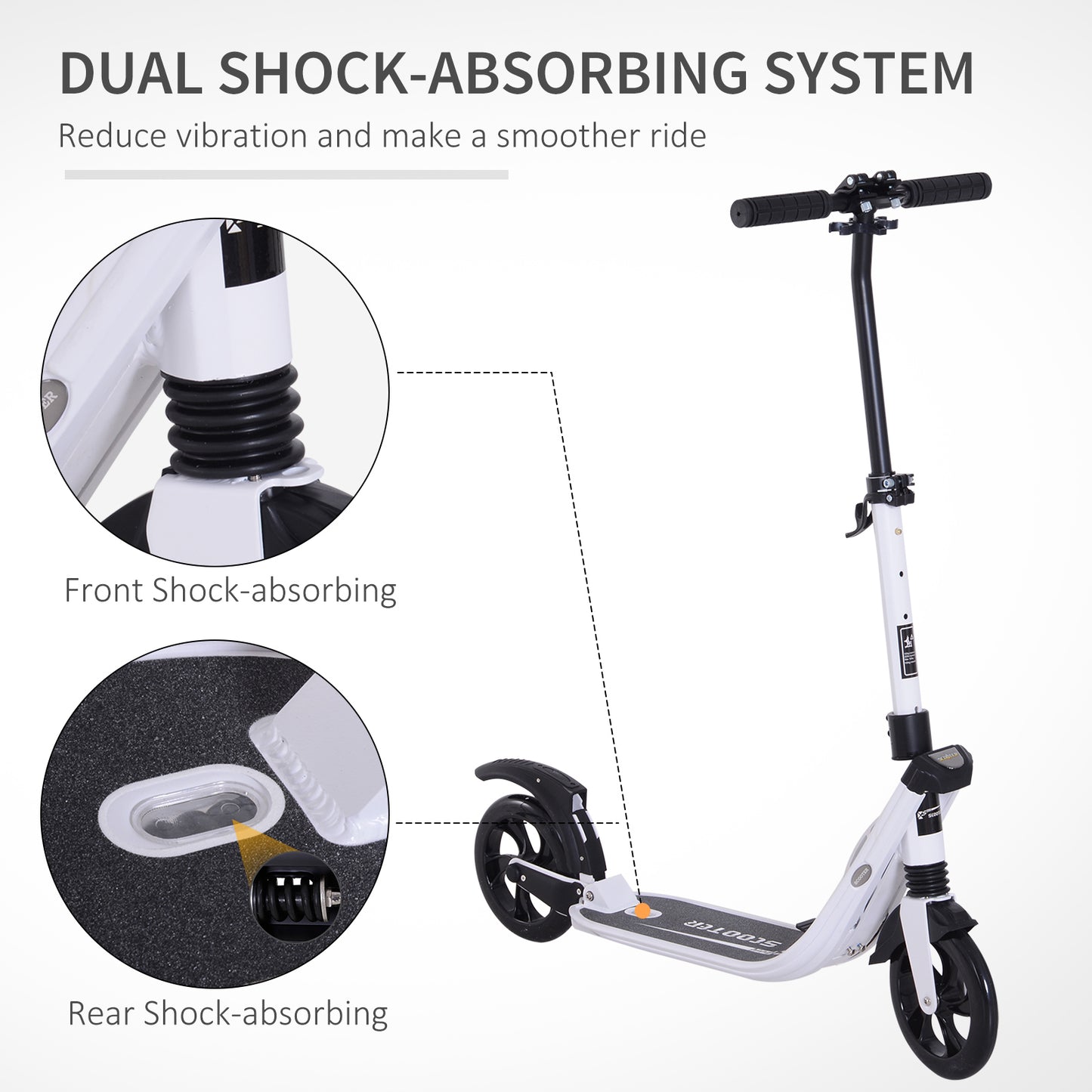 HOMCOM olding Kick Scooter Hight-Adjustable Urban Scooter w/ Rear Brake, Double Shock Absorption System & 2 Big Wheels, For 14+ Teens Adult, White