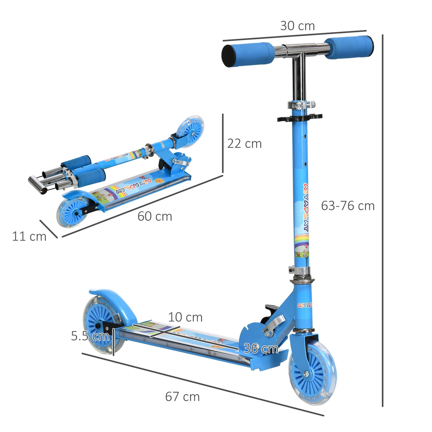 HOMCOM ids Scooter, with Lights, Music, Adjustable Height, Foldable Frame, for Ages 3-7 Years - Blue