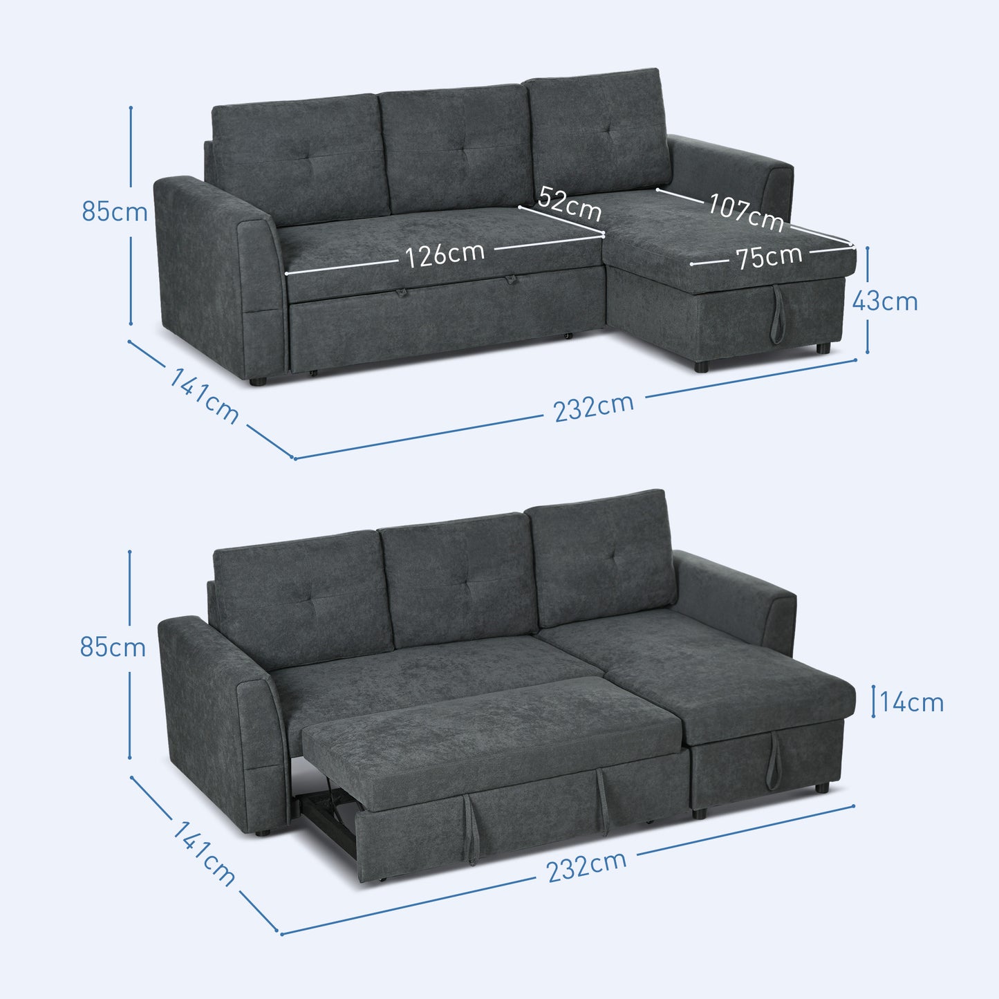 HOMCOM Seater Sofa Bed, L-Shaped Corner Sofa, Pull Out Sofa with Storage, Convertible Click Clack Settee Sectional Sleeper Futon for Living Room, Office, Dark Grey