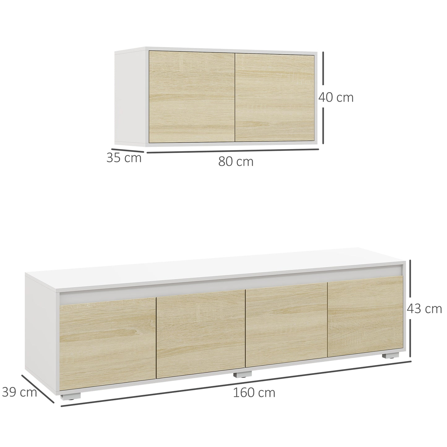 HOMCOM Pieces TV Unit Set with Wall Cabinet, Freestanding Entertainment Unit for 70-inch TVs, Wall Mounted Storage Cupboard, with Adjustable shelves and Cable Holes, Natural