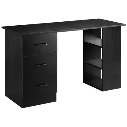 HOMCOM omputer Desk, Writing Table, PC Workstation with 3 Storage Shelves and Drawers, Black Handle, for Home Office, Black