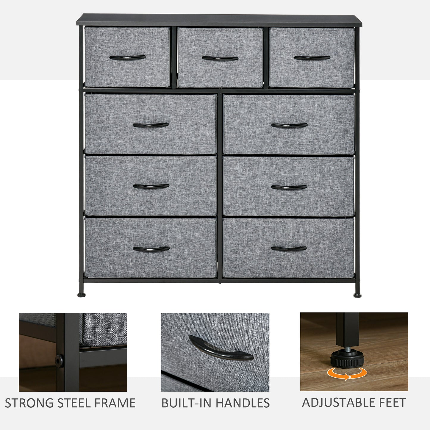 HOMCOM Drawers Storage Chest Dresser Organizer Unit , Easy Pull Fabric Bins, for Bedroom, Hallway, Entryway, Black & Grey