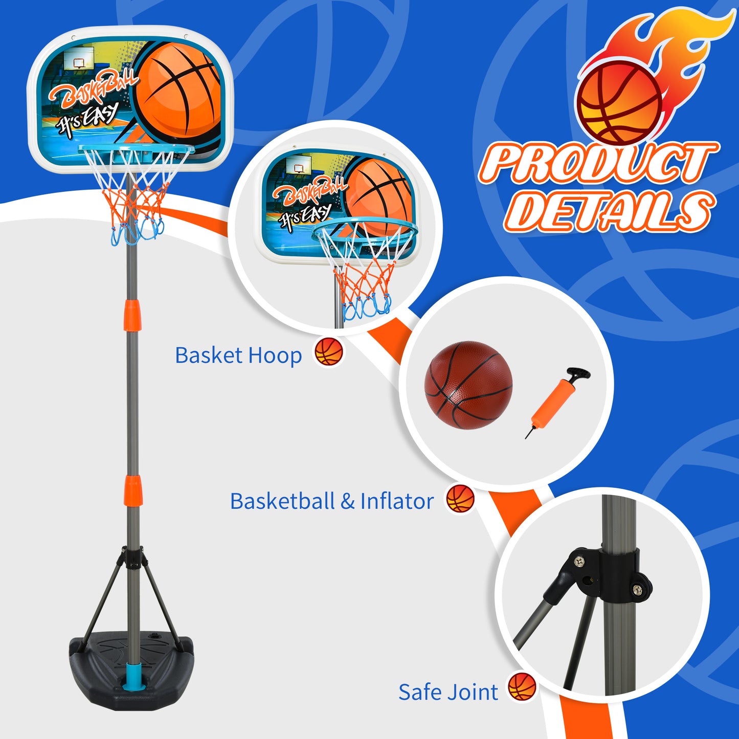 HOMCOM ids Basketball Hoop and Stand Portable Basketball Stand Set w/ Ball Pump Netting Backboard Adjustable Height from 126 cm to 158 cm