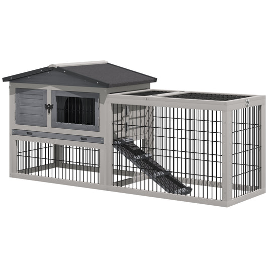 PawHut Rabbit Hutch Outdoor, Wooden Guinea Pig Hutch with Rabbit Run 2 Level Design Water Resistant Openable Roof 150 x 52.5 x 68 cm, Grey