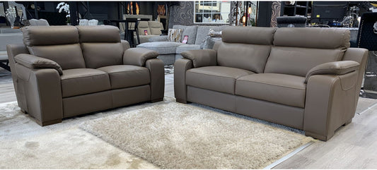 Refrain 3+2 New Trend Taupe Brown Semi Aniline Sofa Set With Wooden Legs And Contrast Stitching