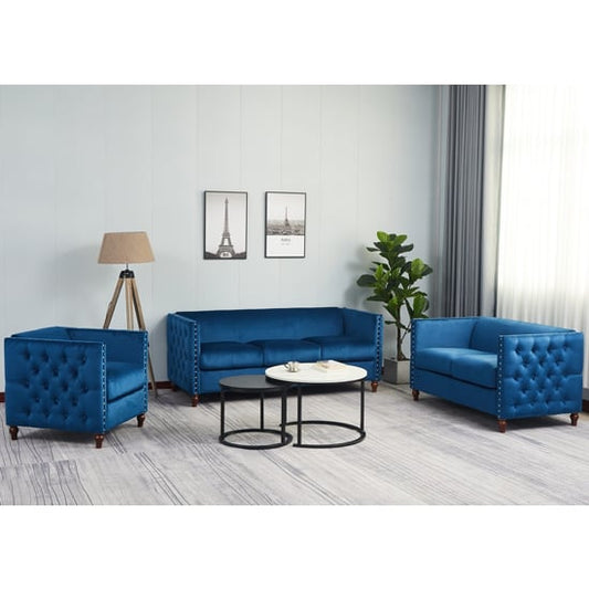 Reggio Plush Velvet Fabric 3+2+1 Sofa Set In Blue With Wooden Legs