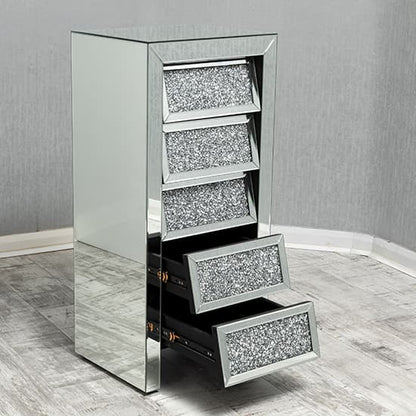 Reyn Tall Crushed Glass Chest Of 5 Drawers In Mirrored