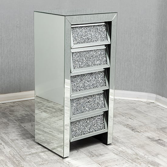 Mirrored Crushed Glass Chest of 5 Drawers with Acrylic Crystal Handles