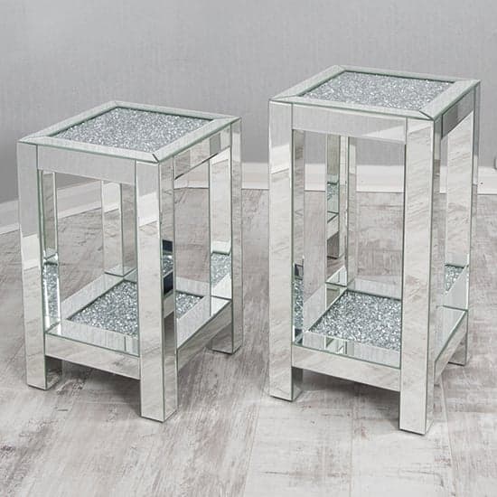 Mirrored Crushed Glass Top Side Table with Undershelf - MDF Construction, Ideal for Living Room and Bedroom