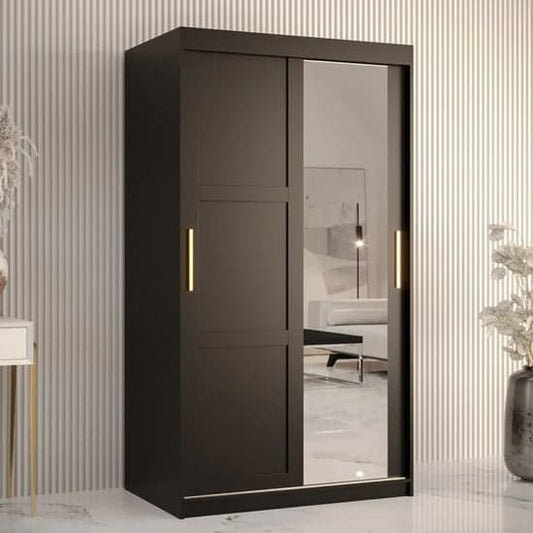 Black Mirrored Sliding Wardrobe 100cm with 2 Doors and Shelves