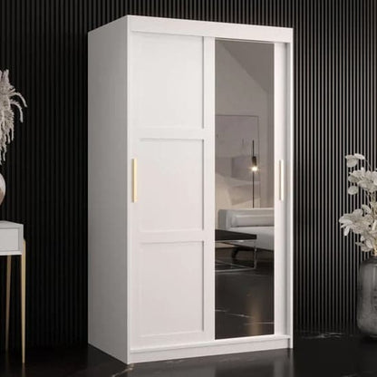 100cm White Sliding Door Mirrored Wardrobe with Shelves and Hanging Rails