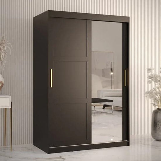 Black Sliding Mirrored Wardrobe 120cm with 2 Doors and Ample Storage