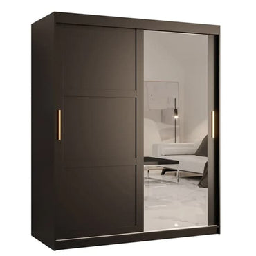 150cm Black Sliding Wardrobe with Mirrored Doors and Ample Storage