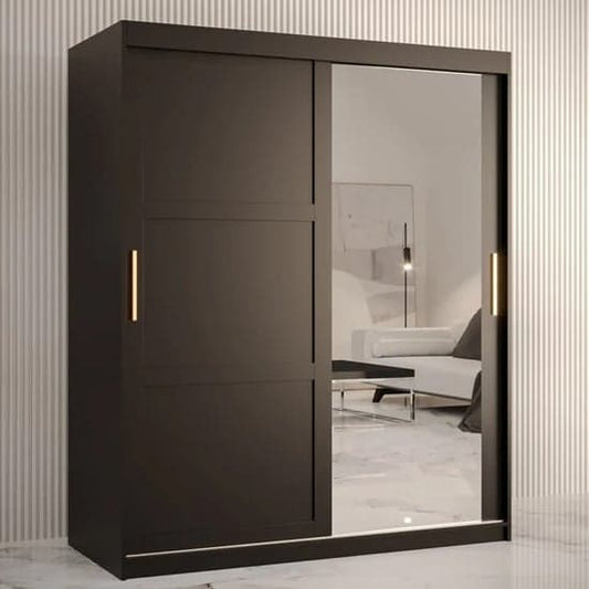 150cm Black Sliding Wardrobe with Mirrored Doors and Ample Storage