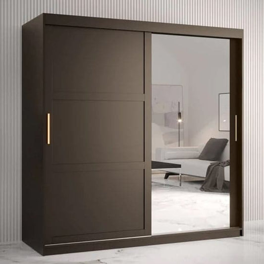 Black 180cm Sliding Door Mirrored Wardrobe with Shelves and Hanging Rails