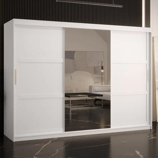 250cm White Mirrored Sliding Wardrobe with 3 Doors - Rieti II