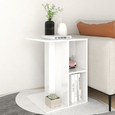 Modern White High Gloss Side Table with 2 Shelves for Living Room and Bedroom Storage