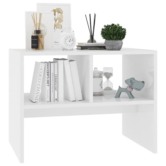 Modern White High Gloss Side Table with 2 Shelves for Living Room and Bedroom Storage