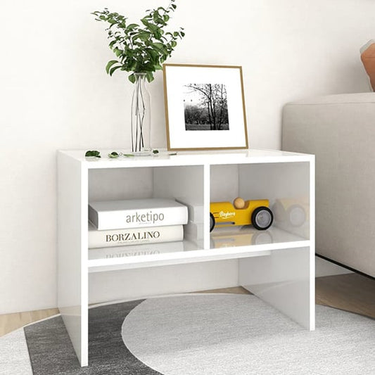 Modern White High Gloss Side Table with 2 Shelves for Living Room and Bedroom Storage