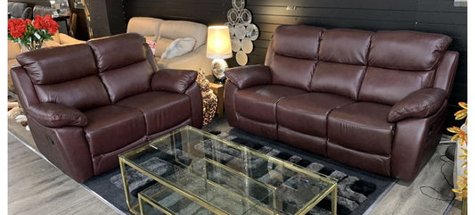 Rivoli 3+2 Seater Leather Recliner Sofa Set in Wine with Hardwood Frame