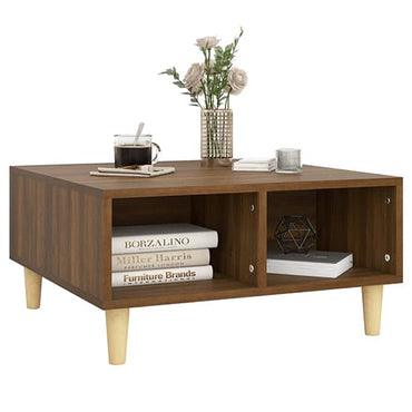 Scandinavian Brown Oak Coffee Table with 2 Shelves for Living Room Storage