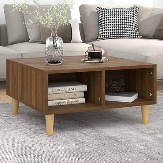 Scandinavian Brown Oak Coffee Table with 2 Shelves for Living Room Storage