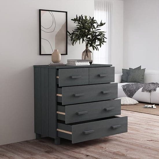 Ronen Pine Wood Chest Of 5 Drawers In Dark Grey