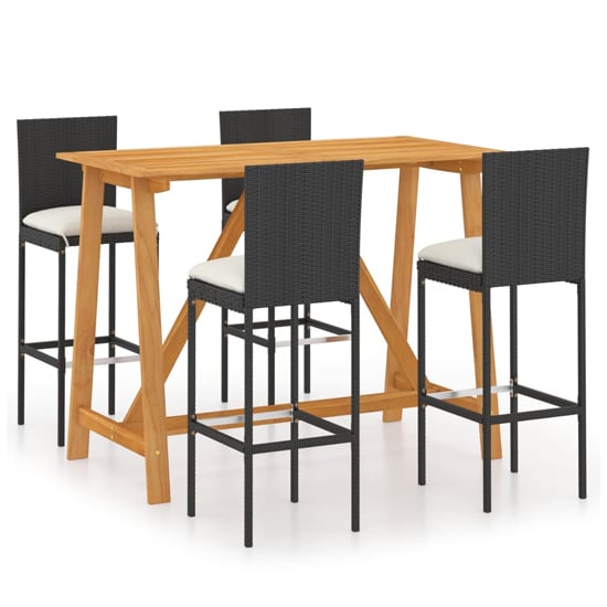 FURCO Outdoor Garden Bar Set with Rectangular Acacia Wood Table and 4 Black Rattan Chairs