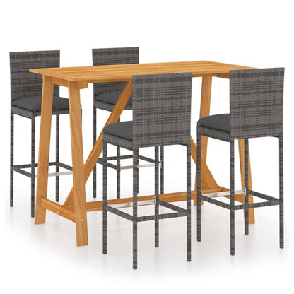 FURCO Outdoor Bar Set with Acacia Wood Table and 4 Grey Rattan Chairs