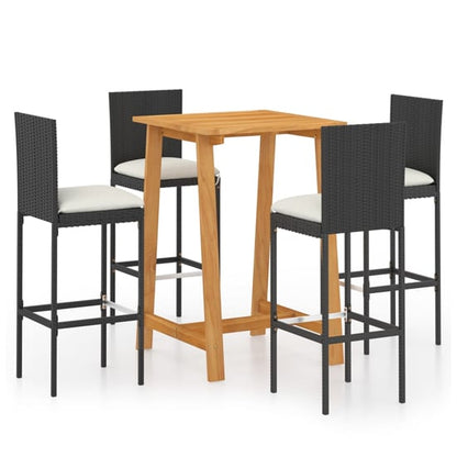 FURCO Outdoor Garden Bar Set with Solid Acacia Table and 4 Black Rattan Chairs