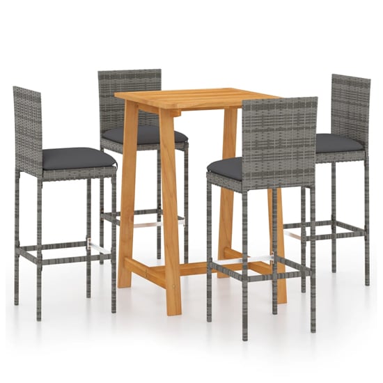 FURCO Outdoor Garden Bar Set with Solid Acacia Wood Table and 4 Grey PE Rattan Chairs