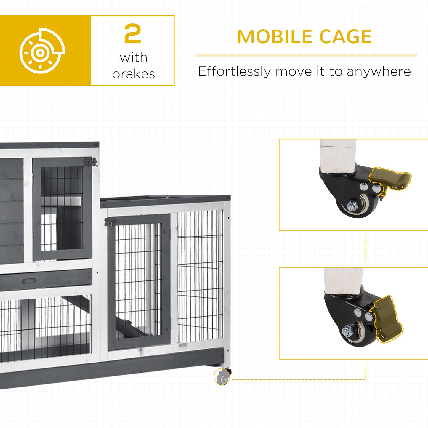 PawHut Wooden Indoor Rabbit Hutch Guinea Pig House Bunny Small Animal Cage W/ Wheels Enclosed Run 110 x 50 x 88 cm, Grey