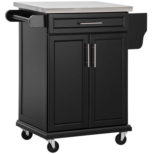 HOMCOM ooden Kitchen Island on Wheels, Serving Cart Storage Trolley with Stainless Steel Top, Drawer, Side Handle and Rack, Black