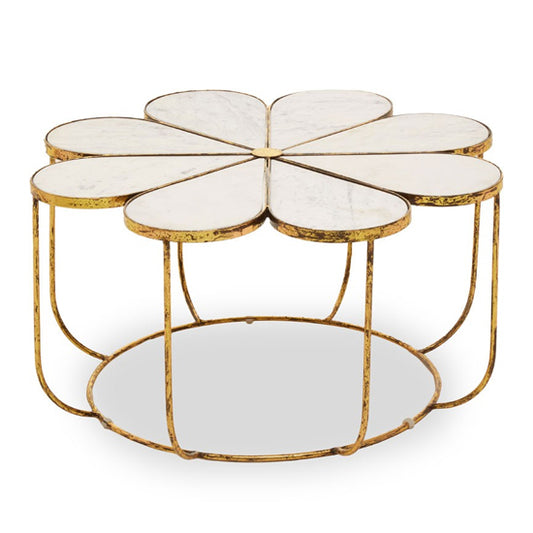 FURCO Botanical Glam White Marble Coffee Table with Gold Frame and Petal Design