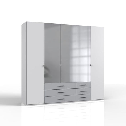 White Mirrored 5 Door Wardrobe with 6 Drawers | Modern Storage Solution by Furco