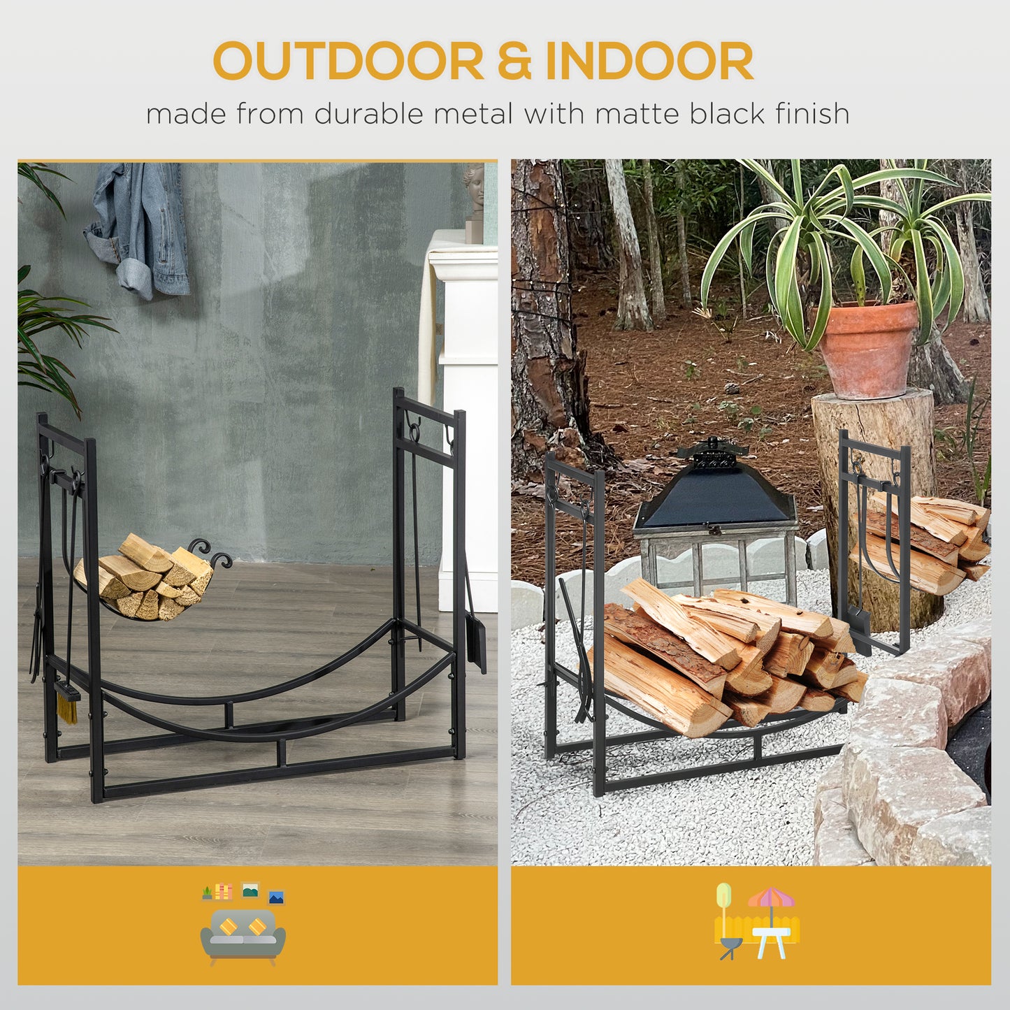 Outsunny Metal Firewood Log Holder Indoor Outdoor Firewood Rack Fireplace 2 Tier Wood Storage Shelf with 4 Tools, Hooks, Scrolls, Black, 84W x 33D x 76H cm