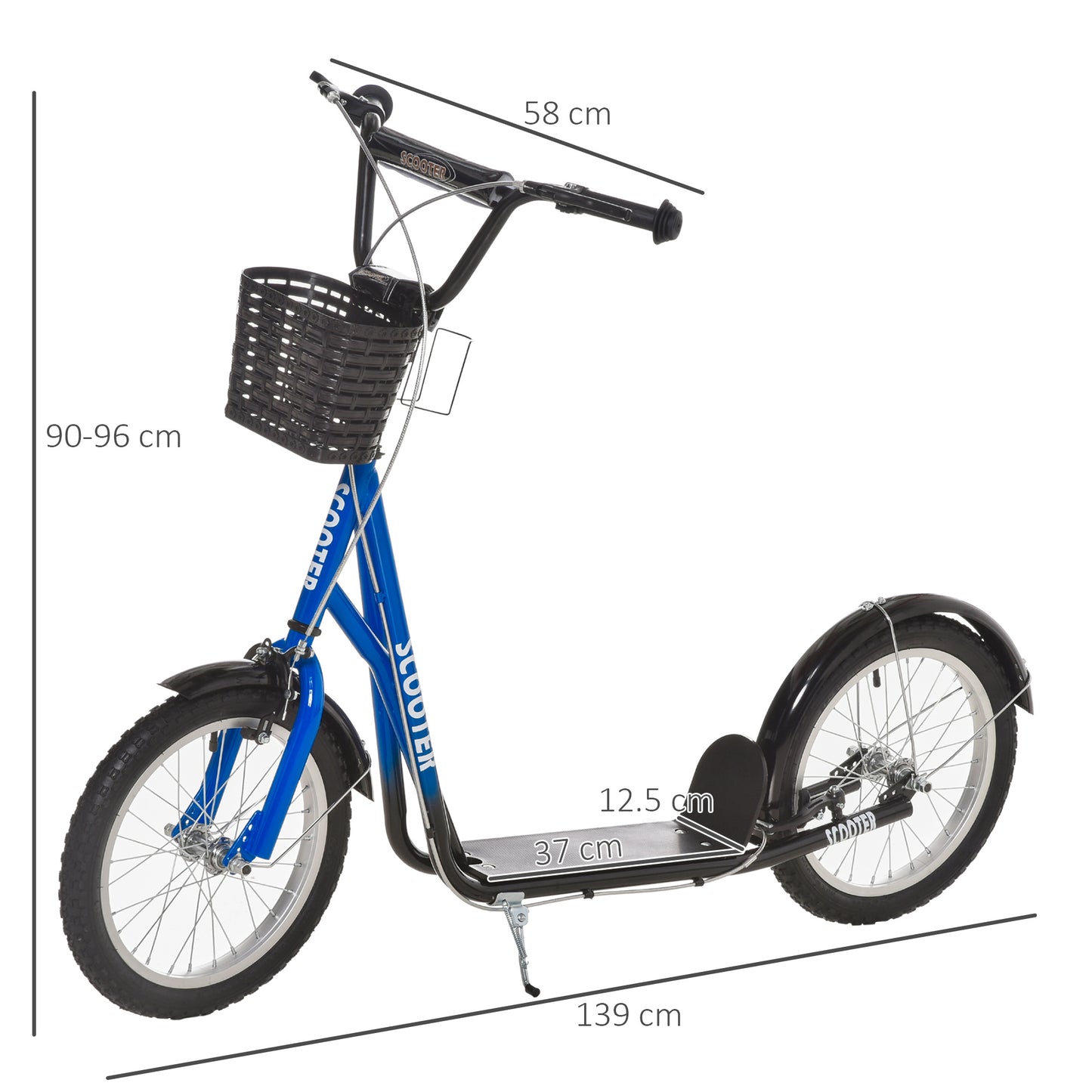 HOMCOM ids Scooter Teen Ride On Children Scooter with Adjustable Handlebar 2 Brakes Basket Cupholder Mudguard 16" Inflatable Rubber Tyres for 5-12 years old Blue