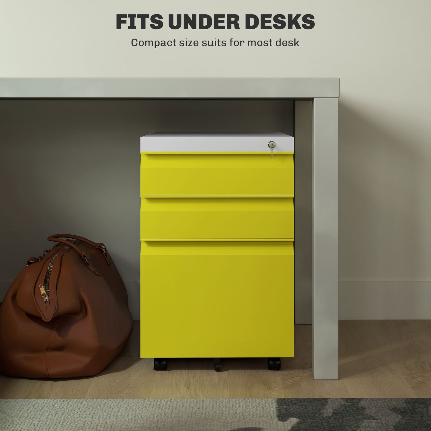 Vinsetto 3 Drawer Filling Cabinet, Mobile Metal File Cabinet with Anti-tilt Design for Letter, A4, Legal Size, Yellow