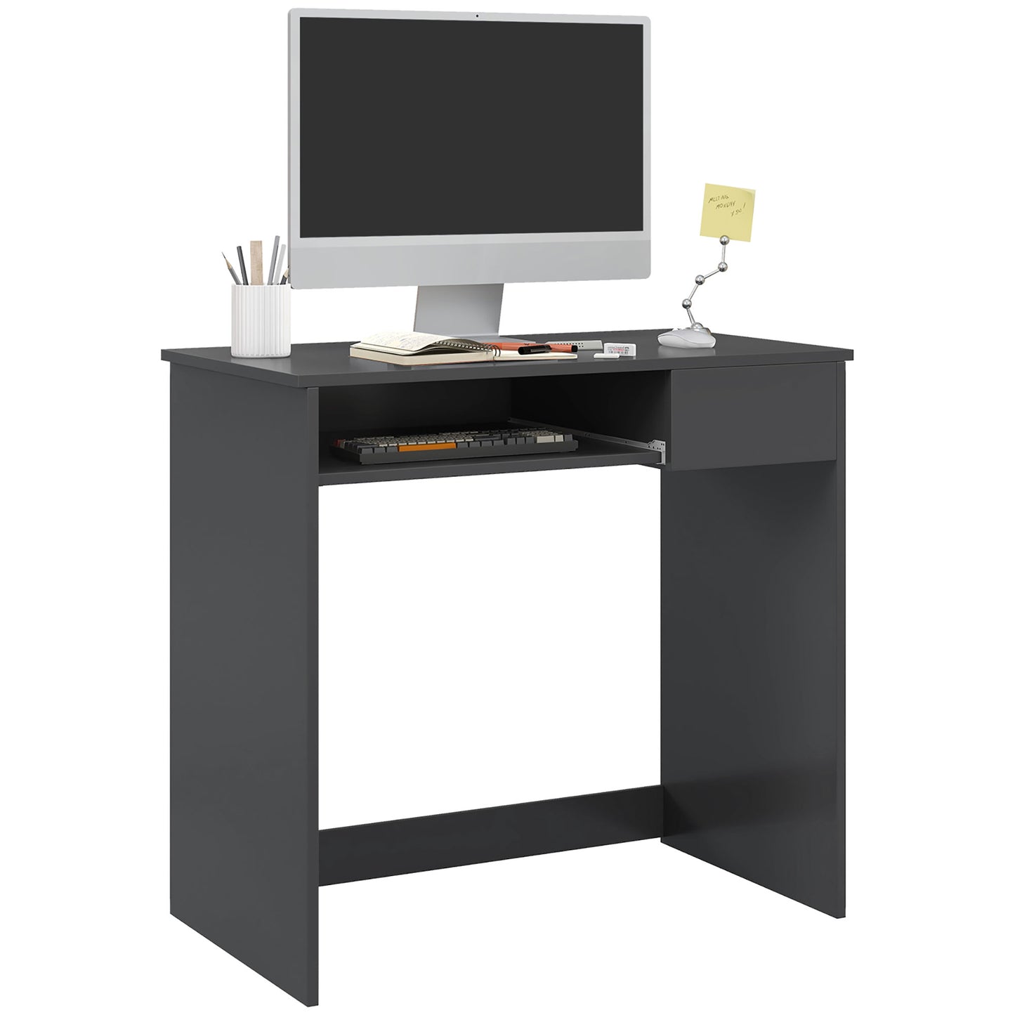 HOMCOM ompact Computer Desk with Keyboard Tray and Drawer, Study Desk, Writing Desk for Home Office, Grey