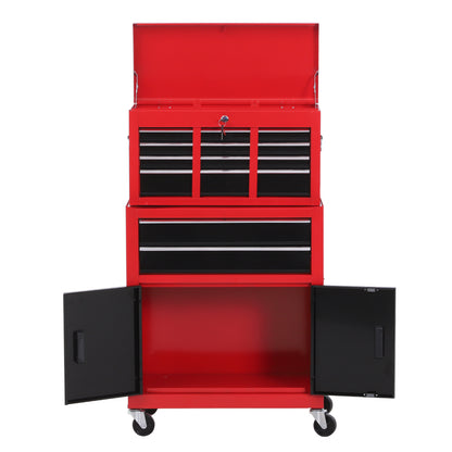 HOMCOM ool Chest, Metal Tool Cabinet on Wheels with 6 Drawers, Pegboard, Top Chest and Roller Cabinet Combo, 61.6 x 33 x 108cm, Red