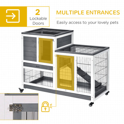 PawHut Wooden Indoor Rabbit Hutch Guinea Pig House Bunny Small Animal Cage W/ Wheels Enclosed Run 110 x 50 x 88 cm, Grey