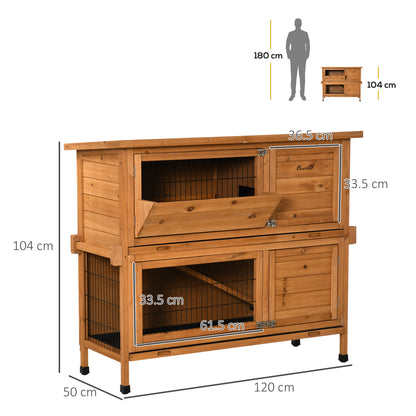 PawHut 2-Tier Double Decker Rabbit Hutch Wooden Guinea Pig House Pet Cage Outdoor with Sliding-out Tray, Asphalt Roof, Ramp, Feeding Shelf, Handle, 120x50x104cm, Orange