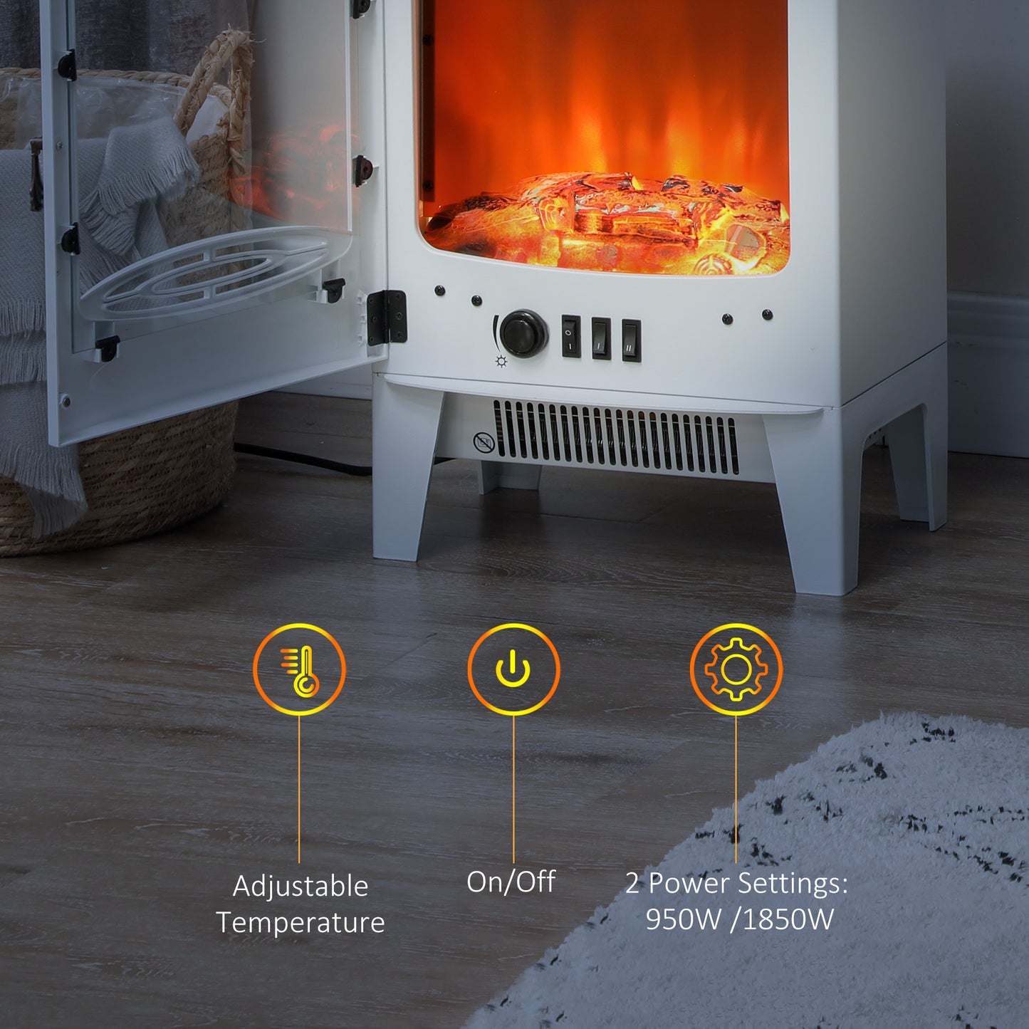 HOMCOM empered Glass Casing Electric Fireplace, Freestanding Electric Fire with Realistic Flame Effect, Electric Log Burner with Overheat Protection, 950w/ 1850W, White