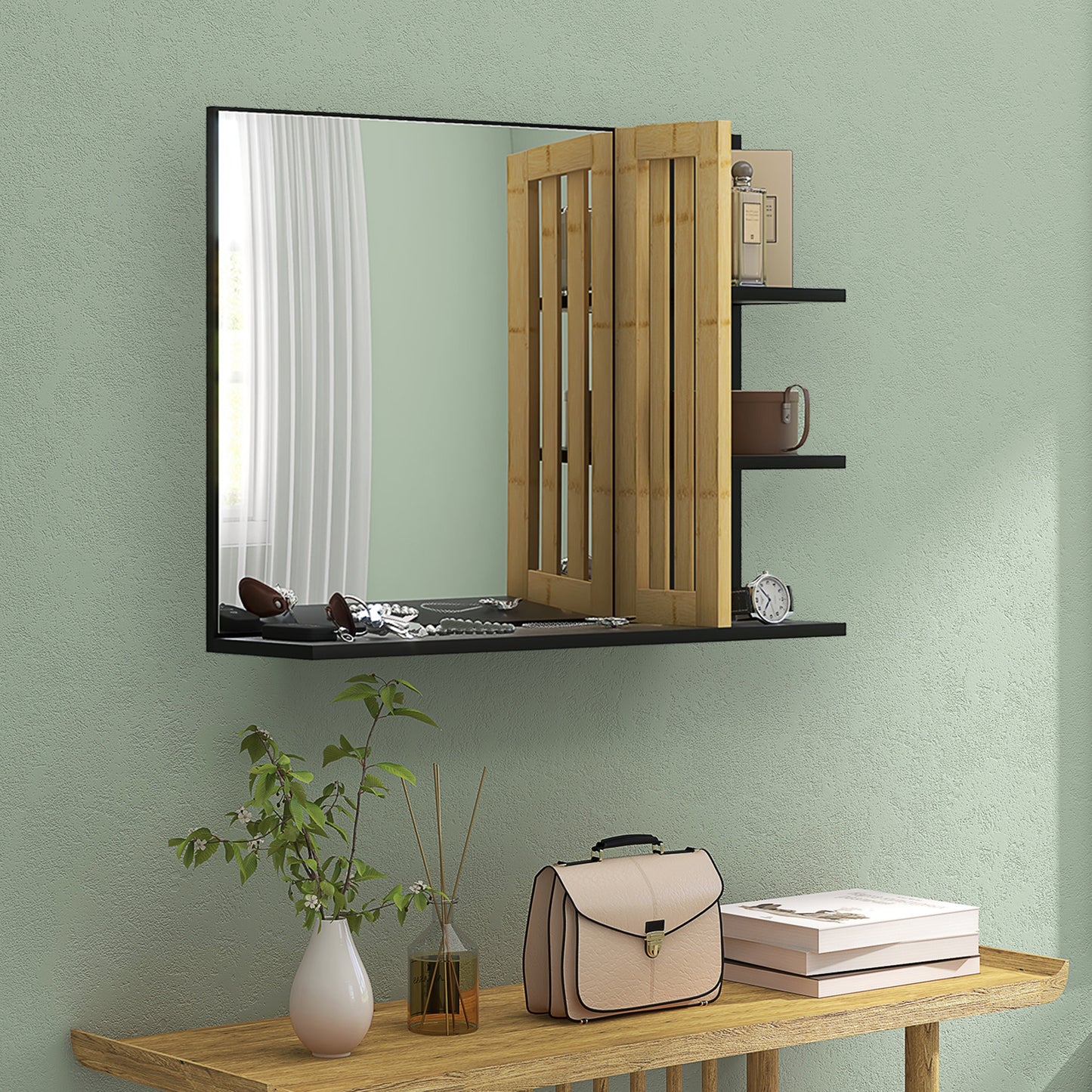 HOMCOM amboo Panel Bathroom Mirror, with Shelves