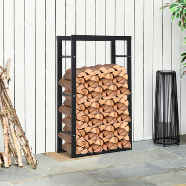 HOMCOM etal Firewood Log Holder Tall Firewood Rack Indoor Outdoor Fireplace Wood Storage Shelf with Side Rails, Rust-Resistant, Black, 60W x 25D x 100H cm